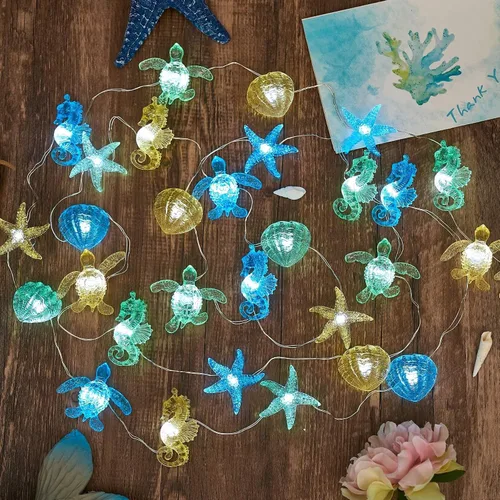 Vista 4 de Luces decorativas de playa, decoración de vida marina marina, luces de hadas náuticas, impermeables, funciona con pilas, bajo el mar, decoración
