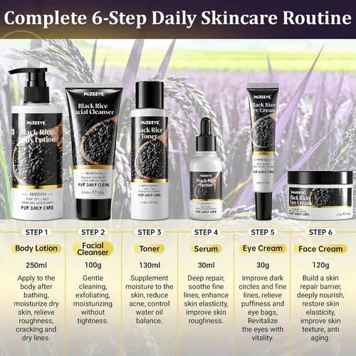 Vista 5 de Juego de rutina de cuidado de la piel de arroz negro natural para mujeres, kit antienvejecimiento con lavado facial, tóner, suero, loción corporal