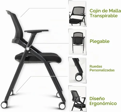 Vista 7 de Paquete de 2 sillas plegables de oficina para sala de conferencias con ruedas, apilables, color negro, silla de computadora con brazos deslizantes