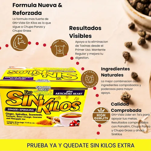 Vista 2 de SinKilos Detox Tea GN+Vida Potente té limpiador con jengibre, espirulina, cúrcuma naranja y piña fórmula antioxidante saludable, sin cafeína, todo