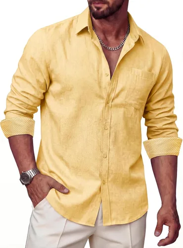 Vista 17 de Camisas de lino para hombre, casual, de manga larga, con botones, ajuste regular, cuello en contraste, con bolsillo