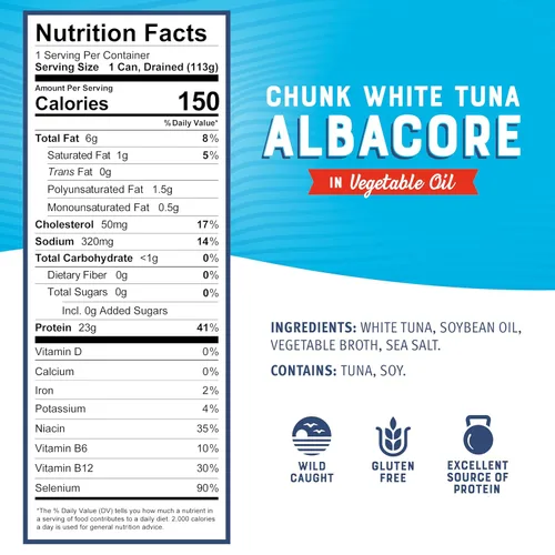 Vista 2 de Bumble Bee Trozos de atún blanco blanco en aceite, lata de 5 onzas, atún capturado en la naturaleza, 0.81 oz de proteína por porción, alto