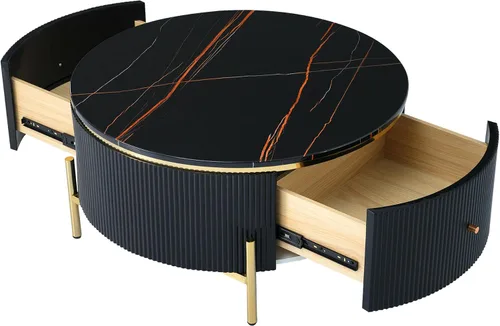 Vista 9 de Mesa de centro redonda moderna con 2 cajones grandes para sala de estar, color negro (31.5 pulgadas)