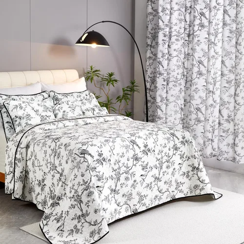 Vista 3 de EVENHUG Juego de edredón 100% algodón tamaño individual con estampado doble de pájaro negro, reversible, ligero, colcha, cubrecama con fundas