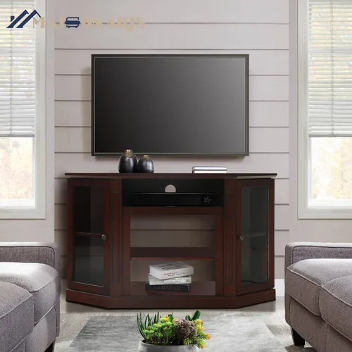 Vista 5 de MAISON ARTS Moderno soporte de TV de esquina con centro de entretenimiento de almacenamiento con 2 puertas, mesa de consola multimedia para sala