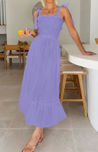 Vista 3 de ZESICA vestido bohemio y liso de verano para mujer, acampanado, con tirantes delgados, cuello cuadrado y volantes, vestido largo para la playa