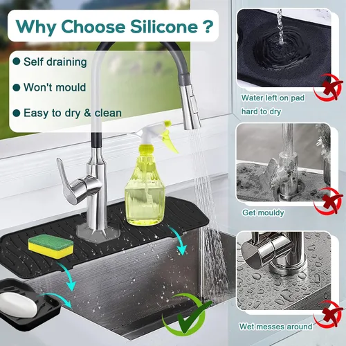 Vista 4 de Protector contra salpicaduras para fregadero de cocina y bandeja de jabón, tapete protector de silicona para grifo, soporte de esponja con boquilla