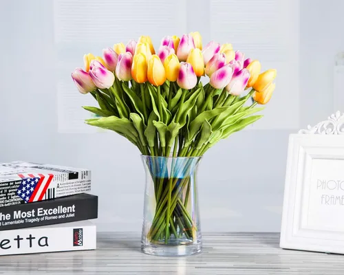 Vista 2 de 30 tulipanes artificiales, flores de tacto real, multicolor, tulipanes falsos de Holanda de poliuretano, ramo de tulipanes de látex, flores de látex