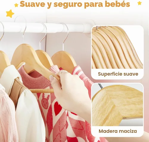 Vista 4 de HOUSE DAY Perchas de madera para el armario, paquete de 20 perchas de madera para ropa de bebé, percha de madera resistente con barra antideslizante