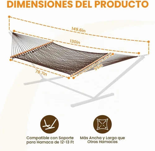 Vista 5 de Lazy Daze Hammocks Hamaca de Cuerda Doble, Hamaca Tradicional de Cuerda de Algodón Tejida a Mano para 2 Personas al Aire Libre con Barra Separadora