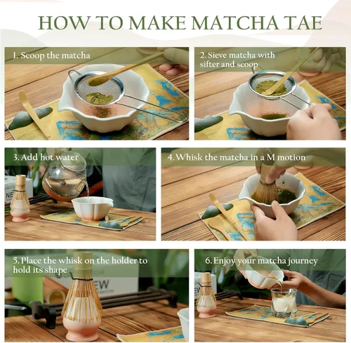 Vista 6 de Juego de batidor de matcha, cuenco de matcha rosa con boquilla, kit de 8 piezas, batidor y tazón de matcha, matcha Chasen, cuchara de bambú, reposo