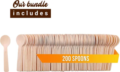 Vista 2 de Cuchara de madera pequeña desechable de 3.9 pulgadas (paquete de 200) Mini cucharas de madera, cucharas de muestra biodegradables