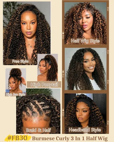 Vista 3 de FB30 - Peluca de cabello humano rizado birmano con 180% de densidad, con reflejos, cordón ombré, 3 en 1, sin pegamento, para usar y llevar, media