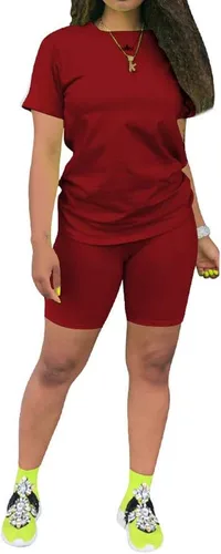 Vista 19 de KINIKO Conjunto deportivo de 2 piezas para mujer, casual, de moda, color sólido, camiseta de manga corta y pantalones Negro-a