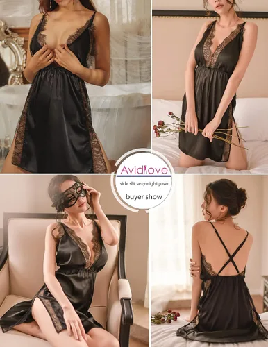 Vista 3 de Avidlove Camisón de encaje de satén para mujer lencería sexy con abertura lateral