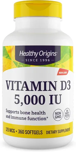 Vista 9 de Healthy Origins Vitamina D3 5,000 UI (sin OMG, alta potencia, apoyo óseo, apoyo inmunológico, sin gluten), 120 cápsulas blandas
