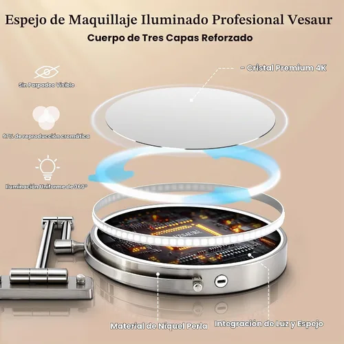 Vista 5 de Espejo de maquillaje iluminado grande de 9 pulgadas, espejo de aumento recargable de 5000 mAh con 3 luces de color regulables al tacto, brazo Pearl