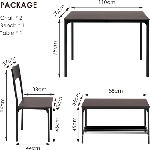 Vista 3 de Juego de mesa de comedor de 4 piezas con 2 sillas y banco, mesa de cocina de madera de 43 pulgadas para el hogar, cocina, comedor, espacio pequeño