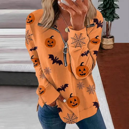 Vista 4 de Sudaderas de Halloween para mujer, de manga larga, con estampado de corbata, cremallera, sudaderas con capucha, tallas S-3XL