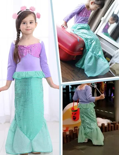 Vista 3 de Joy Join Disfraz de princesa de sirena para niñas pequeñas vestido con peluca corona Rojo