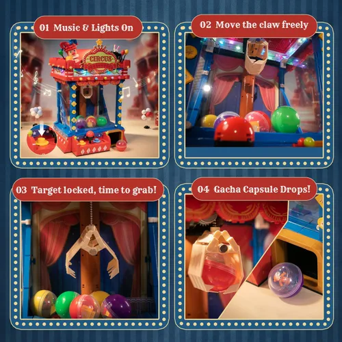 Vista 4 de PANTASY Kit de Construcción de Máquina de Garra de Circo Retro, Modelo de Bloques de Máquina Arcade Estilo Arcade con Luces y Música, Set