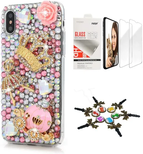 Vista 10 de Sparkle Funda compatible con iPhone 12, elegante funda 3D hecha a mano con diseño de mariposa, rosas, diamantes de imitación y purpurina