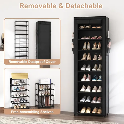 Vista 6 de Zapatero con cubierta, organizador de zapatos estrecho con 4 bolsillos laterales, estante alto de 10 niveles, almacenamiento para 18-22 pares