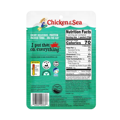 Vista 4 de Chicken of the Sea Frank’s RedHot Atún Claro de Captura Salvaje, 2.5 Onzas Paquetes, 12-Conteo – Atún de Alta Proteína Saborizado con Salsa