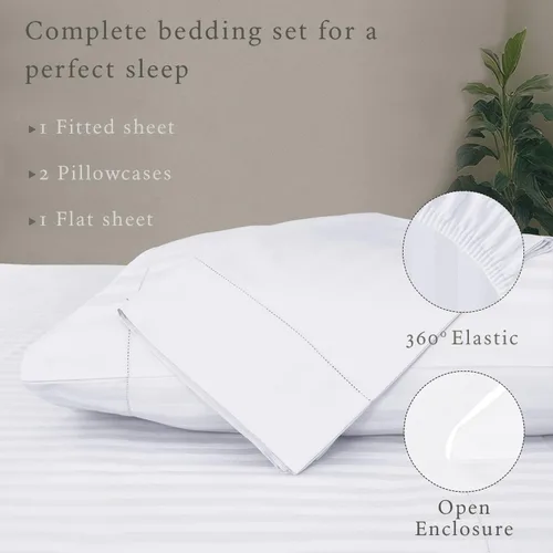Vista 3 de Threadmill Juego de ropa de cama de algodón de lujo de 500 hilos tamaño Queen de 4 piezas, sábanas blancas sedosas y suaves con bolsillo profundo