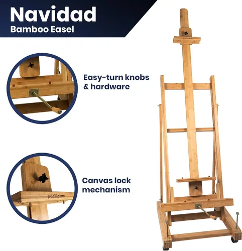 Vista 3 de Pacific Arc Caballete de estudio profesional de bambú con ruedas y bandeja central, lienzos de 89 pulgadas para acuarelas, pintura, bocetos, dibujo