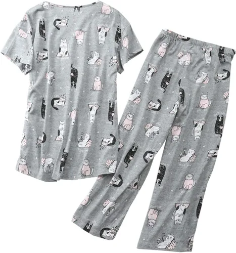 Vista 2 de ENJOYNIGHT - Conjunto de pijama para mujer, ropa de dormir de algodón con camiseta y pantalones capri, lindos pijamas