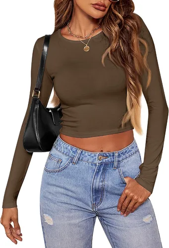 Vista 4 de Riyiper 3 piezas de camiseta corta de manga larga para mujer, ajustada, cuello redondo, camiseta básica casual para mujer