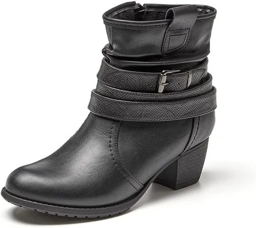 Vista 2 de VJH confort Botas de media pantorrilla para mujer, punta redonda, cómodas, de tacón bajo, con hebilla y cremallera lateral