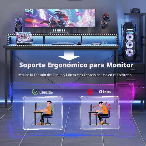 Vista 7 de Mericonia Escritorio para juegos de 52 pulgadas con cajones, escritorio reversible para computadora, color negro