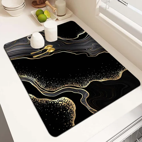 Vista 12 de MCALK Tapete de secado de platos negro mármol para encimera de cocina, almohadilla de secado de platos dorada con base de goma antideslizante