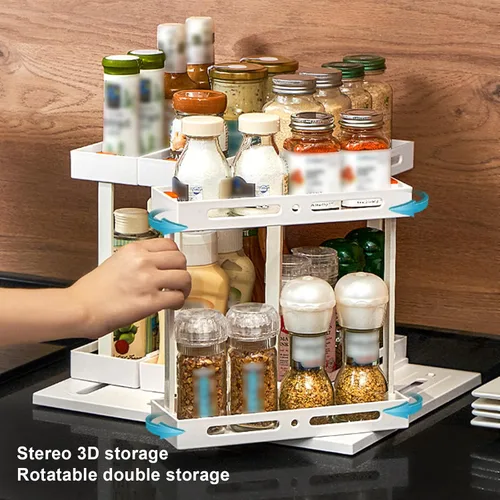 Vista 3 de DULRLLY Organizador giratorio para especias, 2 estantes de especias de dos pisos, organizador de armario de cocina extraíble para tiendas recetas