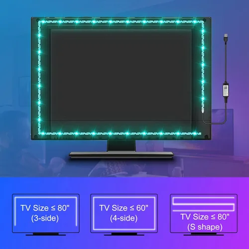Vista 5 de Retroiluminación de TV, tira de luces LED RGB para computadora PC, 9.8 pies/9.8 ft detrás de TV, sincronización de música y función de temporizador