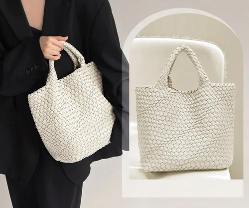 Vista 3 de KALIDI Bolso de playa de mano de paja Bolso de hombro a rayas cosido PU mango de cuero Zippe Viaje Compras Picnic