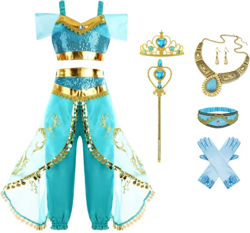 Vista 5 de Disfraz de jazmín para niñas, vestido de princesa árabe, para fiesta de cumpleaños, carnaval, juego de ropa de cosplay de jazmín