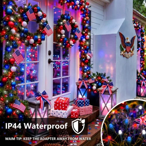 Vista 6 de Toodour Cadena de luces para el 4 de julio, 66 pies, 200 luces LED RGB que cambian de color con control remoto y temporizador, luces rojas blancas