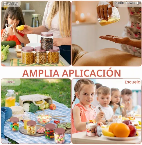 Vista 5 de Hushee 24 tarros de plástico de 8 onzas con tapas, tarros redondos transparentes para alimentos con tapas de oro rosa, tarros de plástico apilables