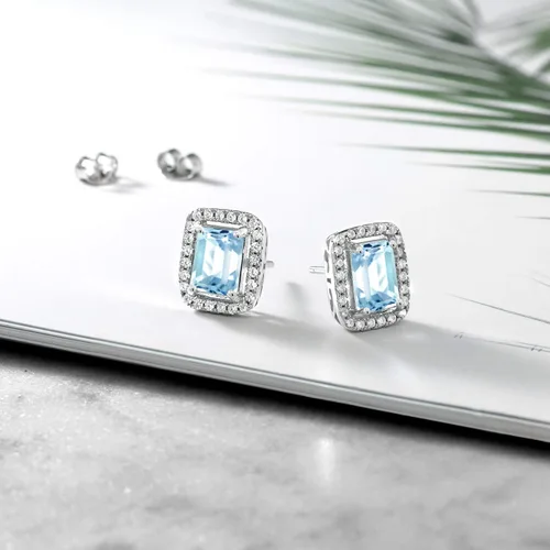Vista 20 de Gem Stone King Aretes de plata de ley 925 con piedra natal Corte esmeralda de 0.315 x 0.236 in Aretes de halo para mujer