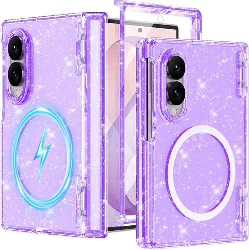 Vista 40 de Btscase Funda para Samsung Galaxy Z Fold 5, protector de pantalla frontal integrado, patrón de mármol dorado con purpurina de policarbonato duro