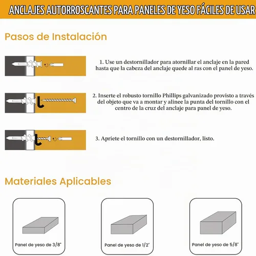 Vista 7 de KURUI Anclajes autoperforantes de zinc para paneles de yeso #8, kit de 60 anclajes y tornillos de pared de metal hueco, 30 anclajes resistentes +