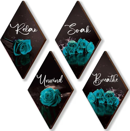 Vista 9 de ONIZHITY Juego de 4 decoraciones de pared de madera con rosas azules, decoración de pared de madera, rústico, romántico, floral, decoración de pared