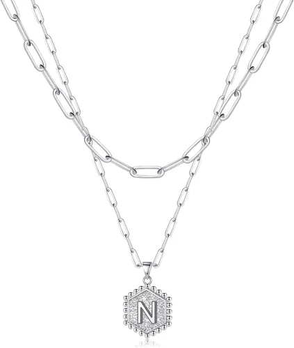 Vista 53 de M MOOHAM - Delicado collar de oro para mujer, de 14 quilates, en capas, lindos collares con letra hexagonal con inicial para mujer, regalos