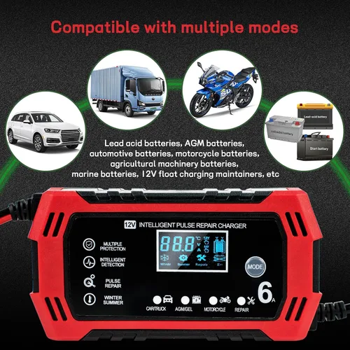 Vista 5 de Cargador de batería de automóvil, cargador y mantenedor de goteo de 12 V y 6 amperios, cargador de batería completamente automático inteligente