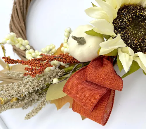 Vista 3 de Sunflower, Pumpkin and Gourd Thanksgiving Wreath on Grapevine Base with Burnt Orange Burlap Bow and Berry Branches - 10 inches