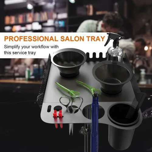 Vista 13 de Bandeja rodante de salón con 2 cuencos magnéticos, carrito de herramientas profesional, bandeja de extensión de cabello para peluqueros, bandeja