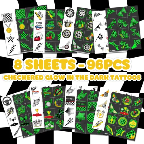 Vista 3 de 96 piezas de tatuajes temporales luminosos precortados con bandera a cuadros que brillan en la oscuridad para niños Recuerdos de fiesta